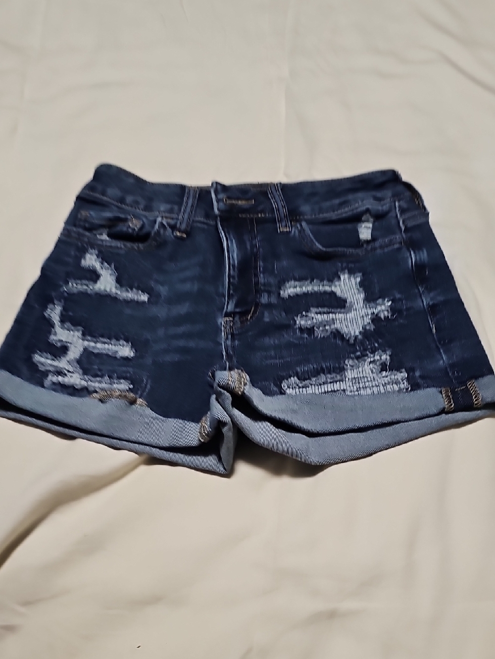 Women’s Dark Blue Distressed Denim Shorts